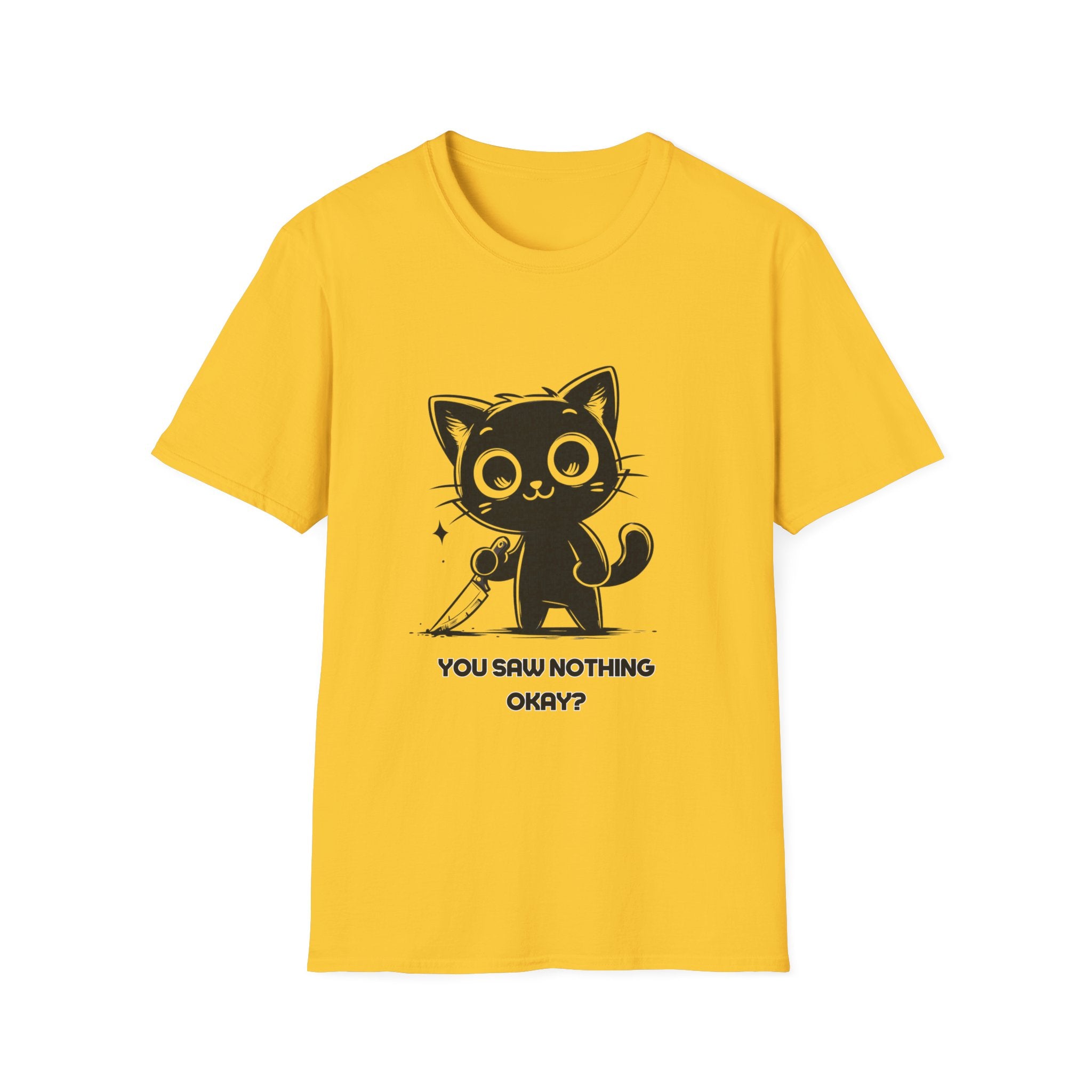 Women's and Men's Funny Cat T-shirt you saw nothing cat with bloody knife Halloween tee Soft Unisex Tshirt Gift for Her
