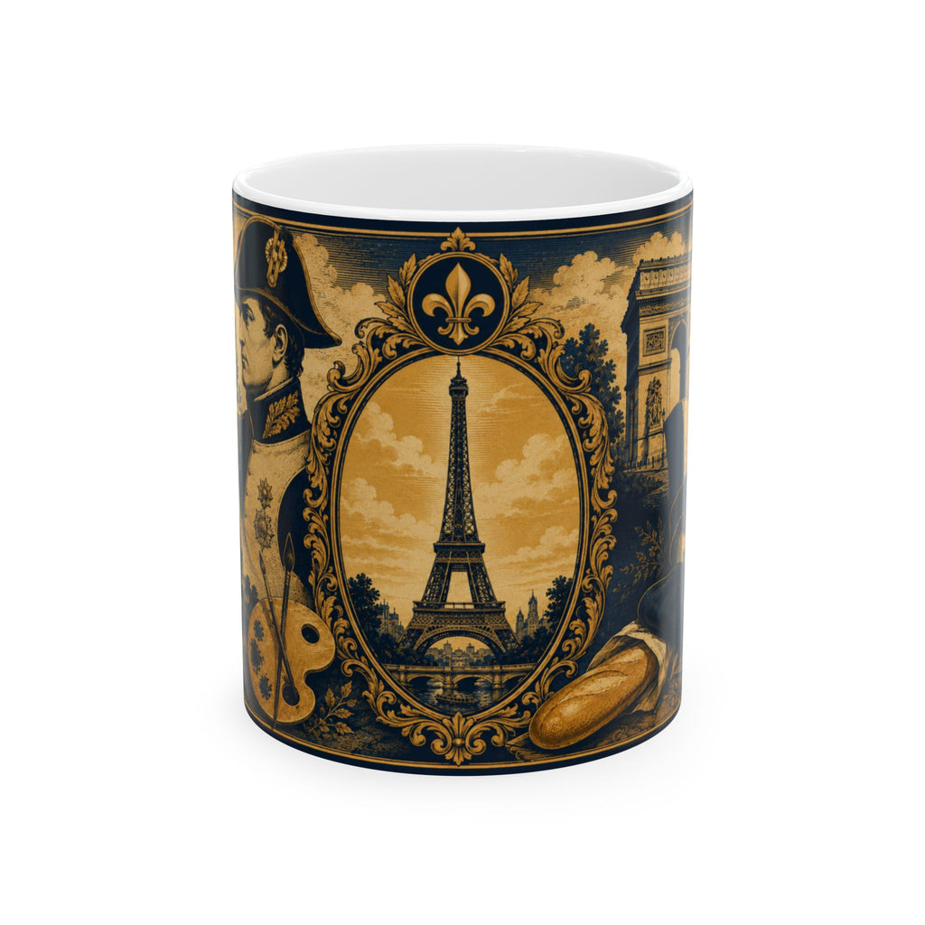 Ceramic Travel Mug Vintage France Emblem Mug Eiffel Tower Fleur de Lis Coffee Cup Gift