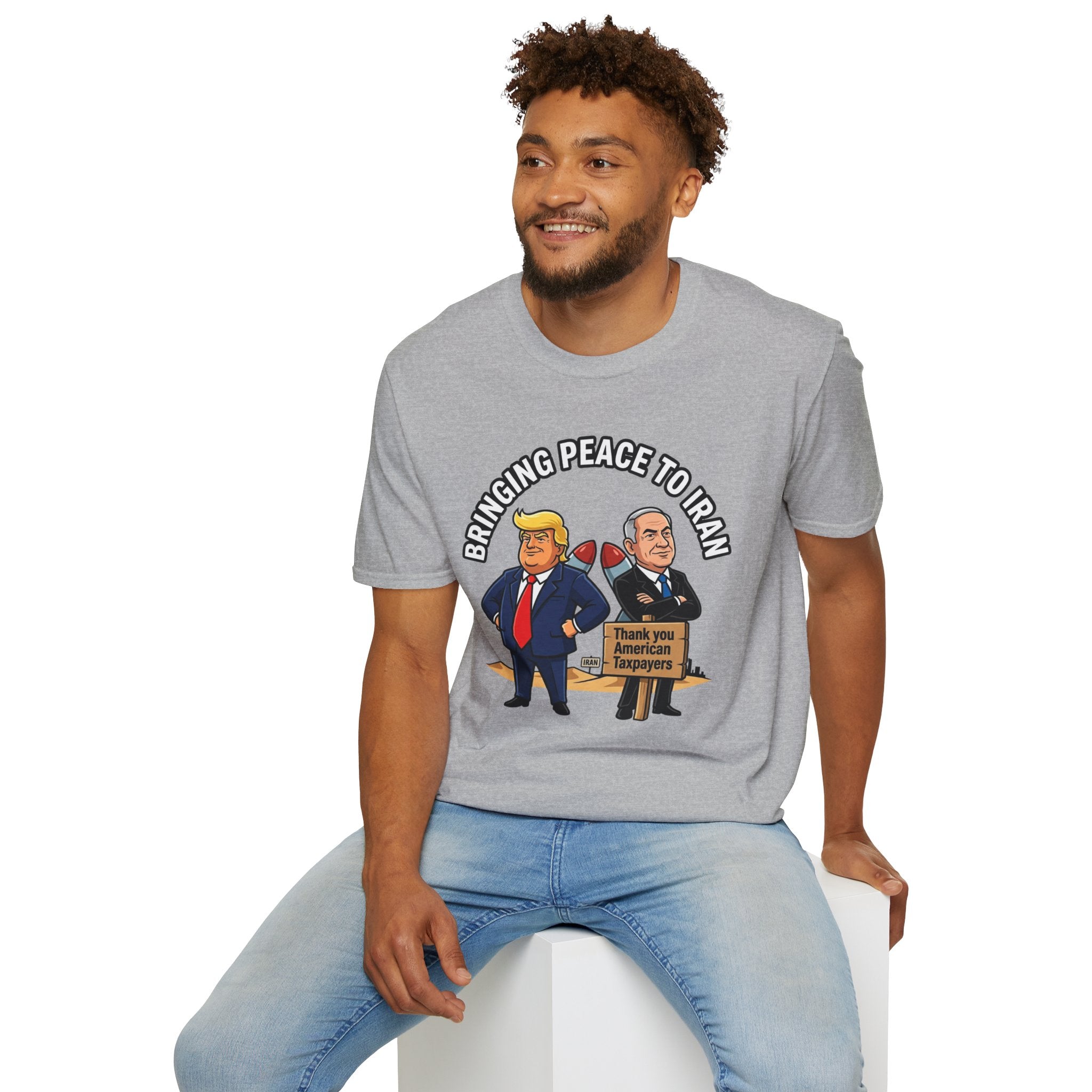 Trump T-Shirt Benjamin Netanyahu Iran War Satiric Mens Unisex Softstyle T-Shirt