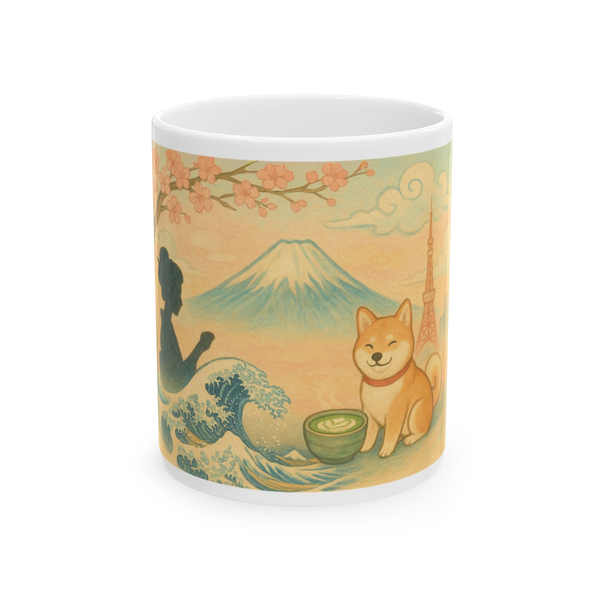 Japan Ceramic Sakura Mount Fuji Shiba Inu Travel Mug Tea Coffee Cup Best Gift 11oz