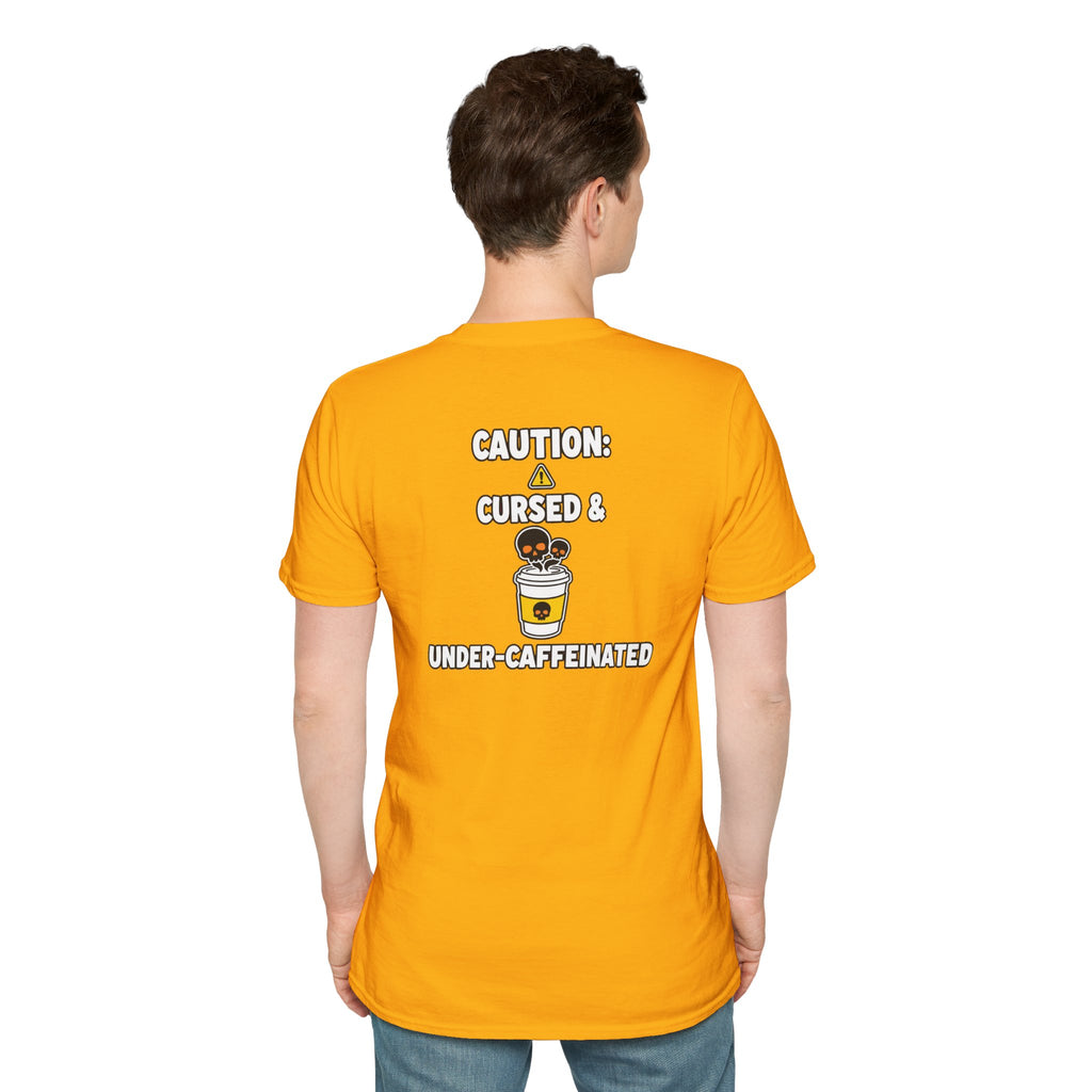 Dark Humor Halloween Shirt Caution Cursed And Under Caffeinated Funny Coffee Sarcastic Unisex Softstyle Tee Adult Halloween Gift