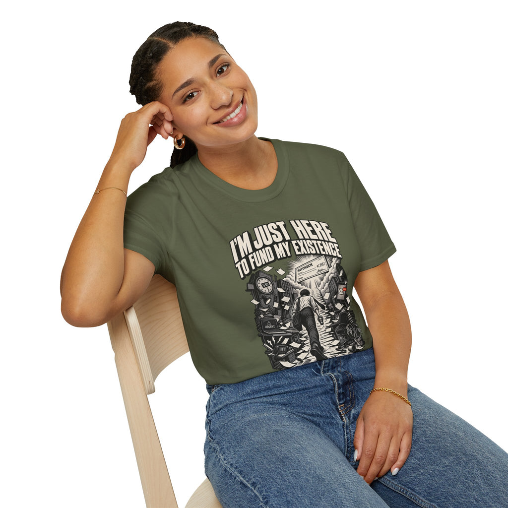 Funny Dark Humor Tshirt — Funny Office Tshirt Dark Humor Graphic Tee Unique Coworker Gift I'M JUST HERE TO FUND MY EXISTENCE Shirt