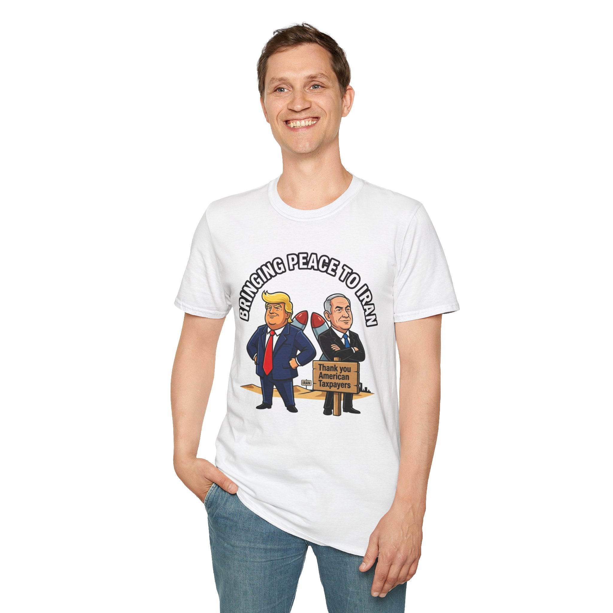Trump T-Shirt Benjamin Netanyahu Iran War Satiric Mens Unisex Softstyle T-Shirt