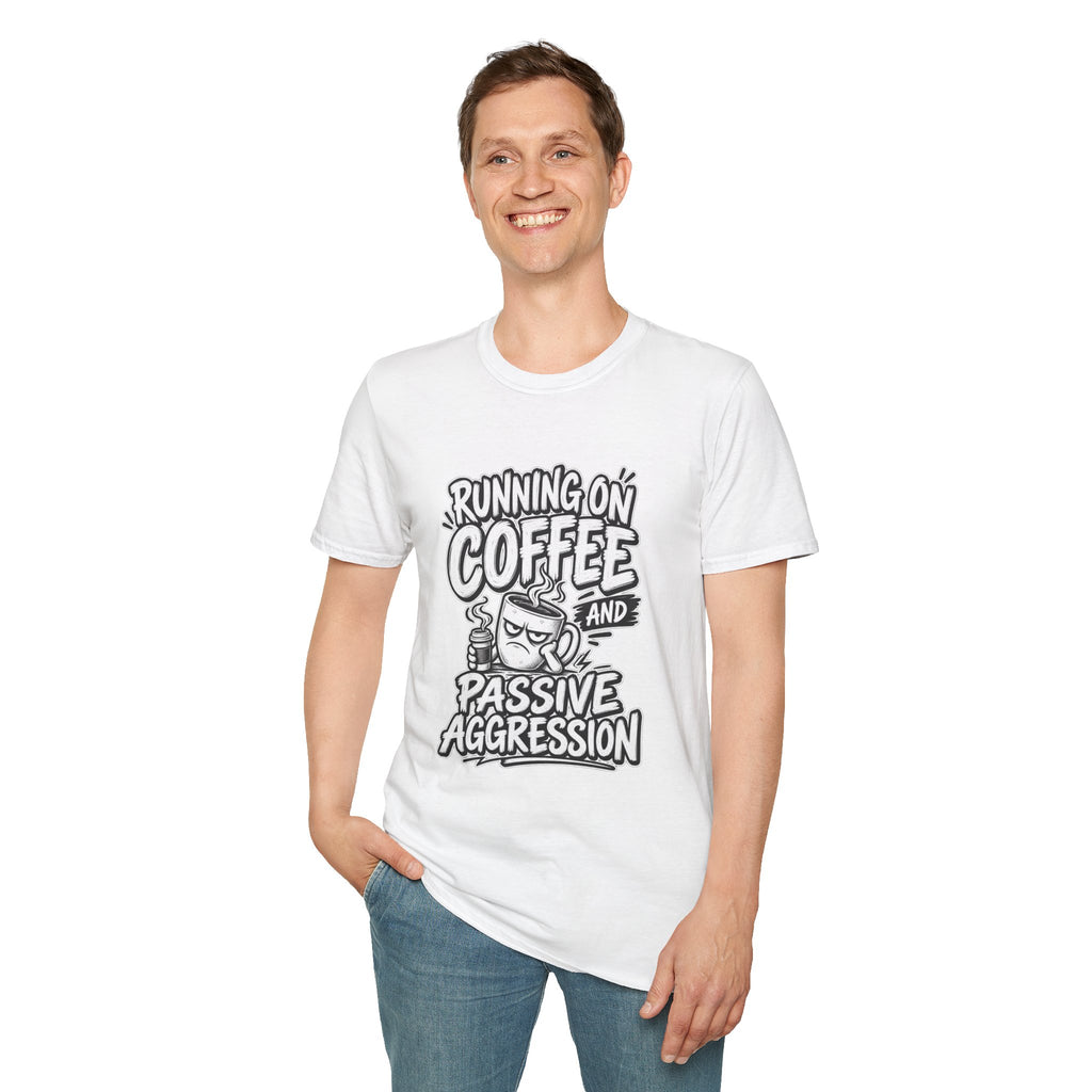 Funny Dark Humor Tshirt — Funny Office Tshirt Dark Humor Graphic Tee Unique Coworker Gift  RUNNING ON COFFEE AND PASSIVE AGGRESSION Shirt