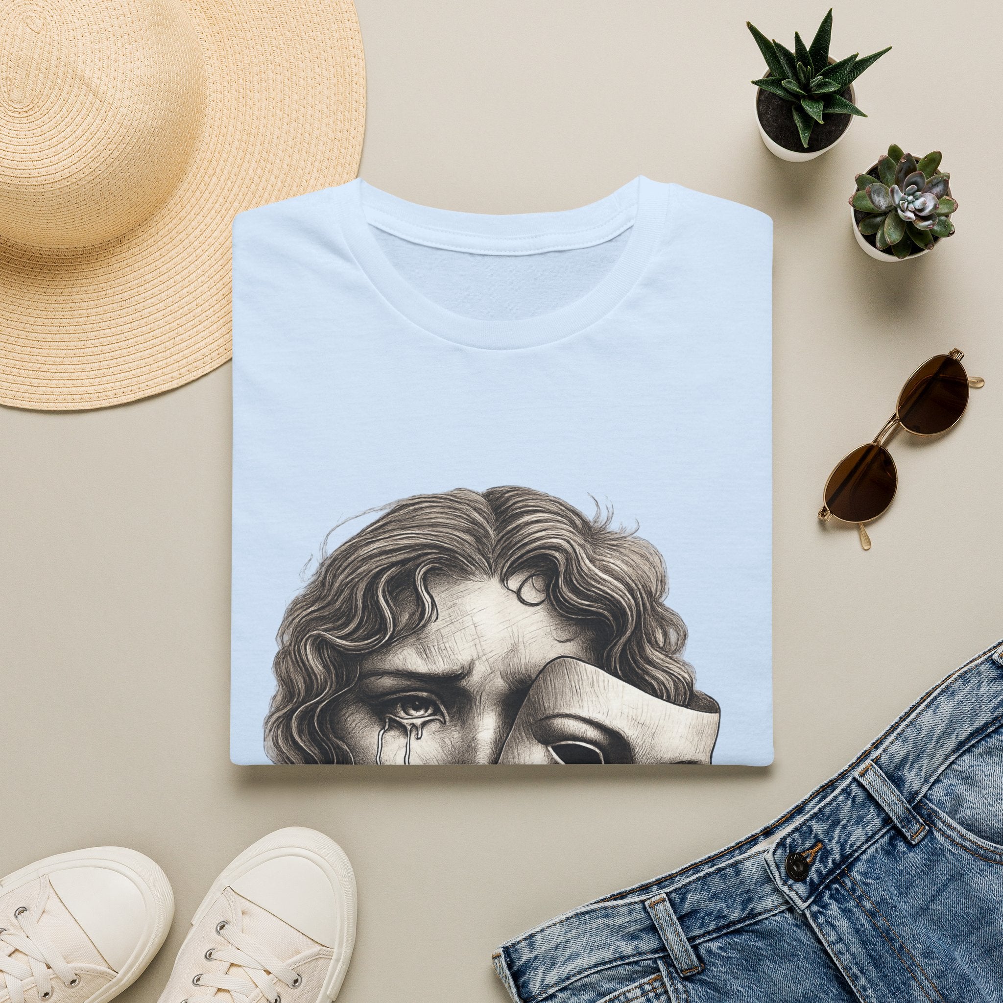 Crying Woman Mask Art T-Shirt | Hidden Emotions Sketch Graphic Tee Unisex Unisex Softstyle T-Shirt