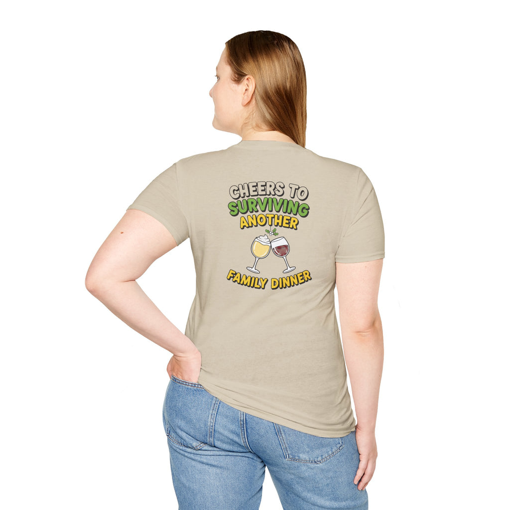 Dark Humor Christmas Shirt Cheers To Surviving Another Family Dinner Funny Sarcastic Unisex Softstyle Tee Adult Christmas Gift