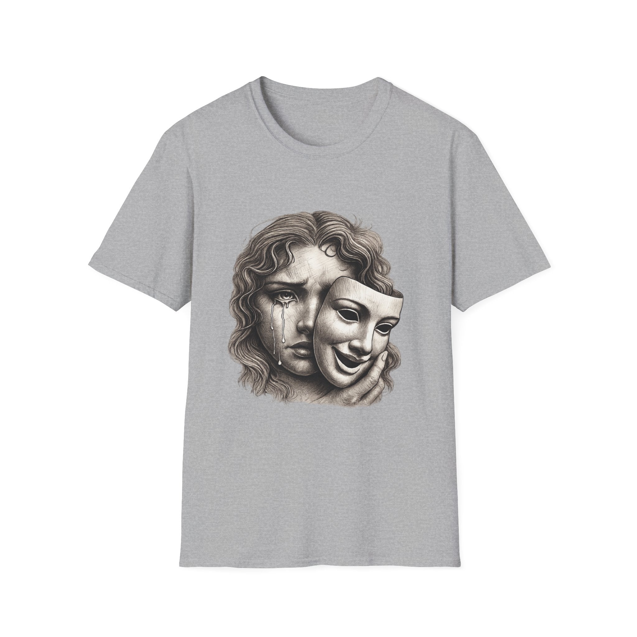 Crying Woman Mask Art T-Shirt | Hidden Emotions Sketch Graphic Tee Unisex Unisex Softstyle T-Shirt
