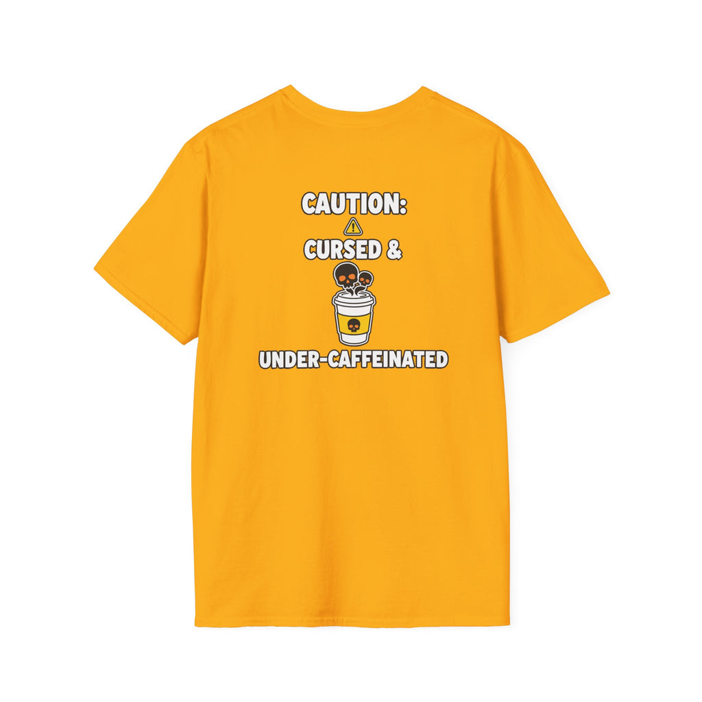 Dark Humor Halloween Shirt Caution Cursed And Under Caffeinated Funny Coffee Sarcastic Unisex Softstyle Tee Adult Halloween Gift