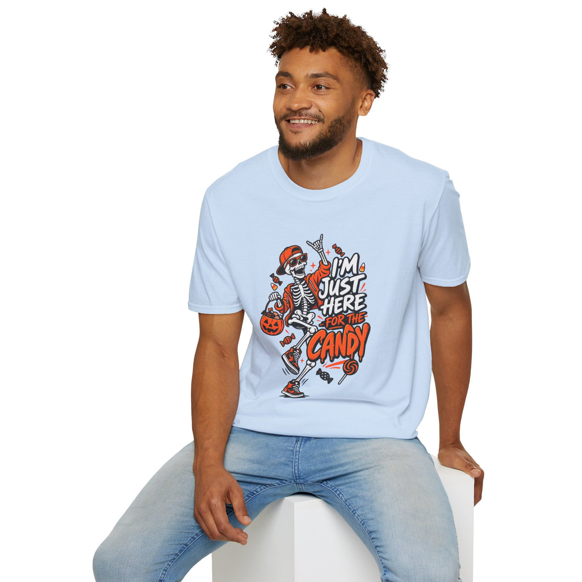 I'm Just Here for the Candy Shirt | Funny Dancing Skeleton Halloween Tee | Dark Humor Graphic T-Shirt