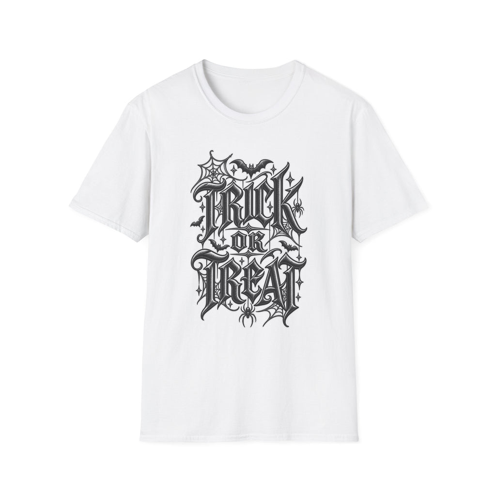 Funny Trick or Treat Gothic Blackletter Shirt | Edgy Spider Web Typography Tee | Minimalist Halloween T-Shirt
