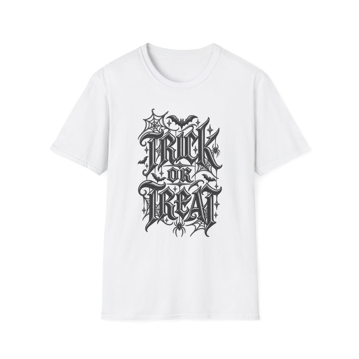 Funny Trick or Treat Gothic Blackletter Shirt | Edgy Spider Web Typography Tee | Minimalist Halloween T-Shirt