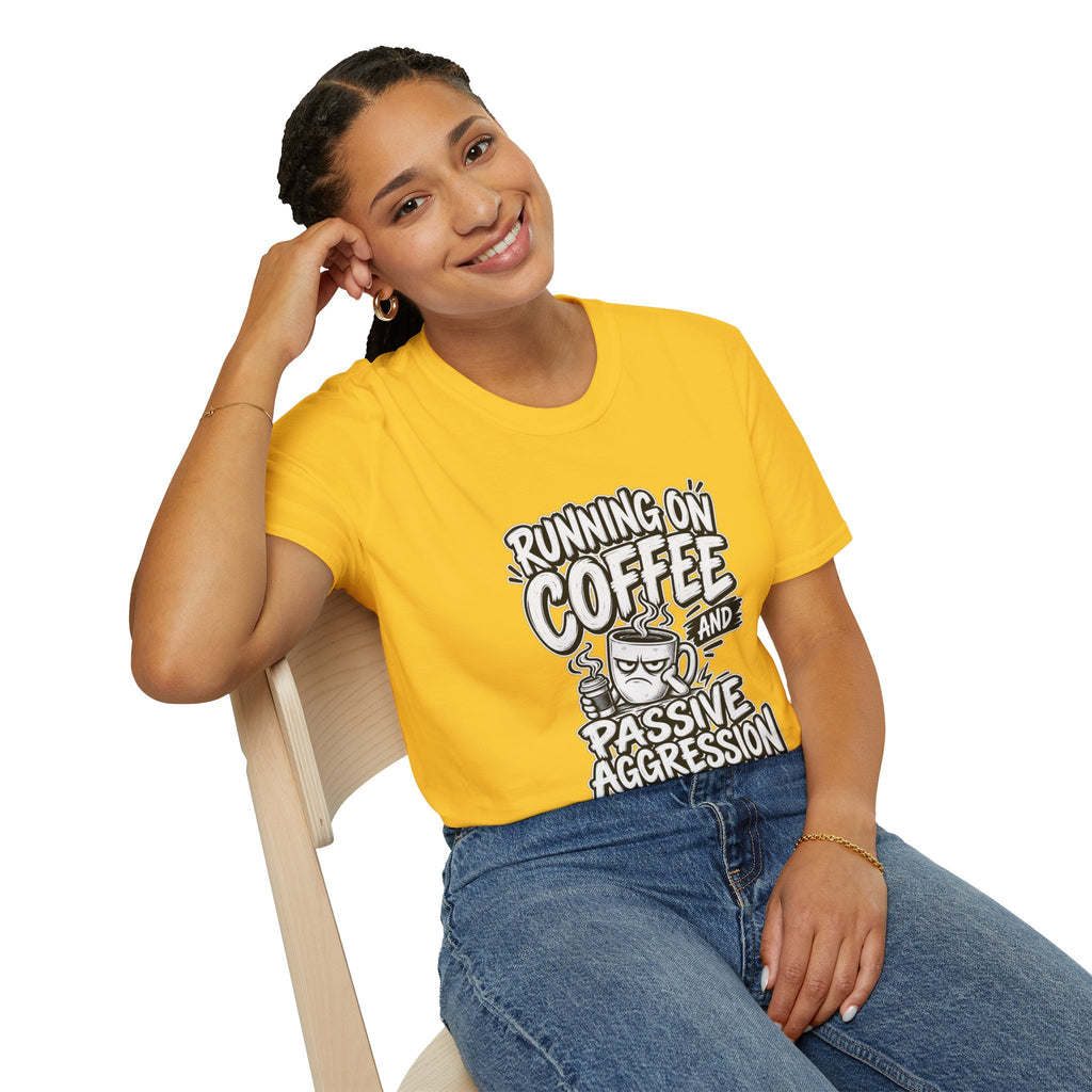 Funny Dark Humor Tshirt — Funny Office Tshirt Dark Humor Graphic Tee Unique Coworker Gift  RUNNING ON COFFEE AND PASSIVE AGGRESSION Shirt