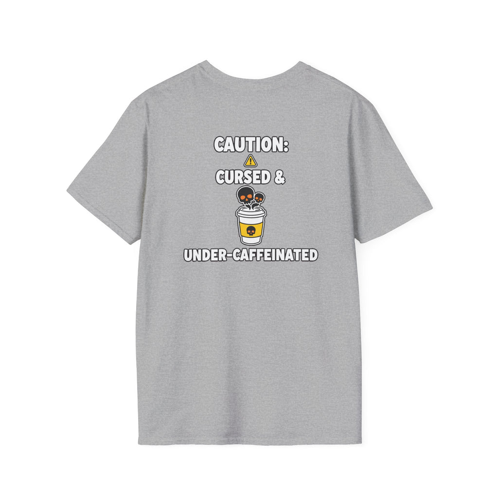 Dark Humor Halloween Shirt Caution Cursed And Under Caffeinated Funny Coffee Sarcastic Unisex Softstyle Tee Adult Halloween Gift