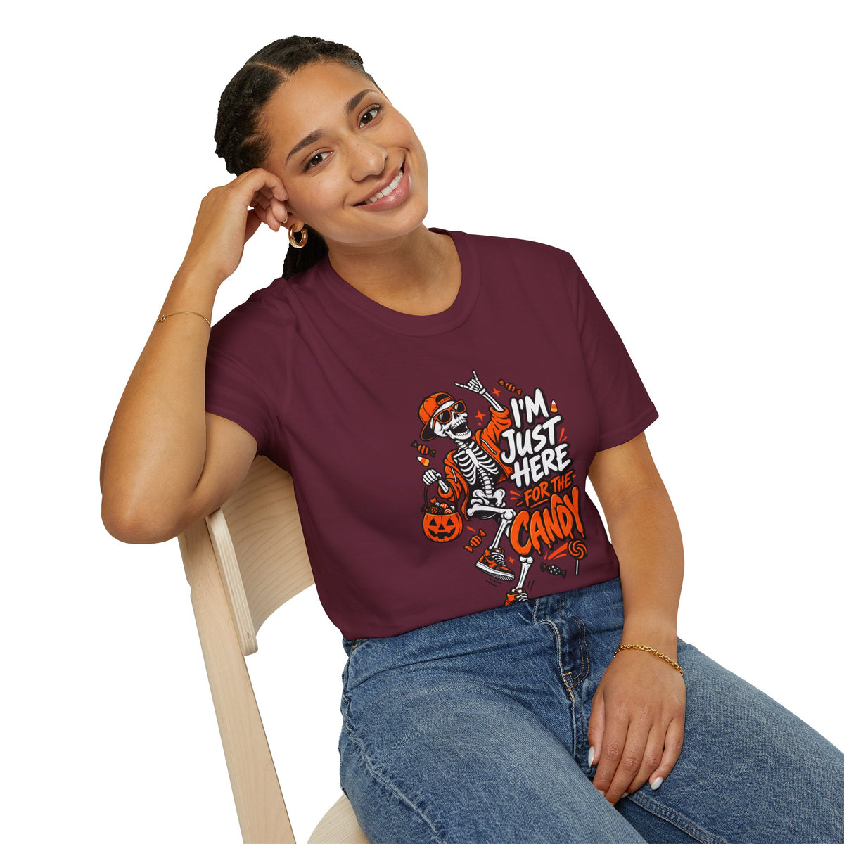 I'm Just Here for the Candy Shirt | Funny Dancing Skeleton Halloween Tee | Dark Humor Graphic T-Shirt