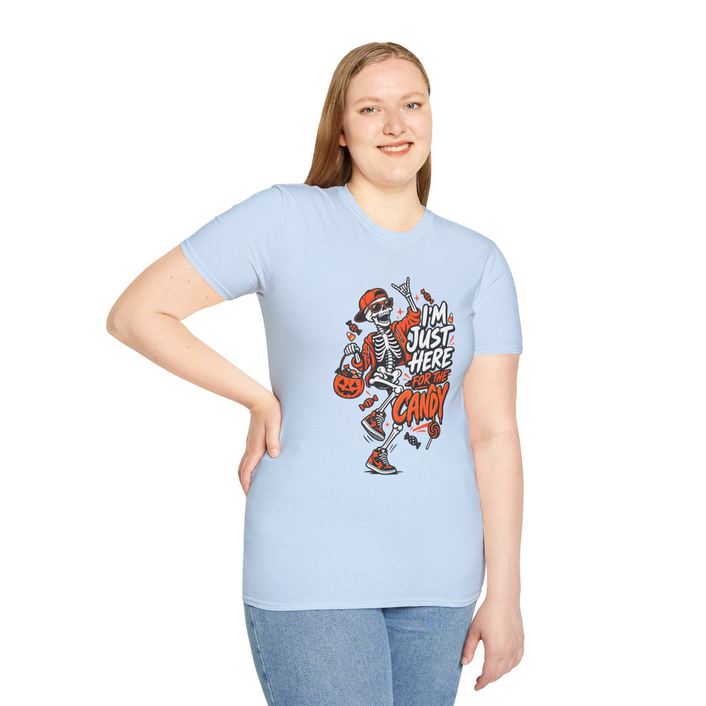 I'm Just Here for the Candy Shirt | Funny Dancing Skeleton Halloween Tee | Dark Humor Graphic T-Shirt