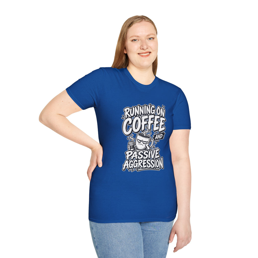 Funny Dark Humor Tshirt — Funny Office Tshirt Dark Humor Graphic Tee Unique Coworker Gift  RUNNING ON COFFEE AND PASSIVE AGGRESSION Shirt