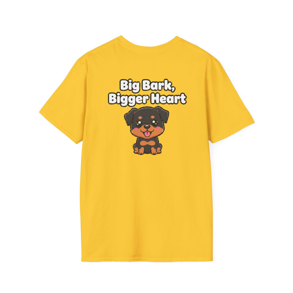 Cute Rottweiler Shirt Big Bark, Bigger Heart Funny Dog Lover Unisex Softstyle Tee Gift