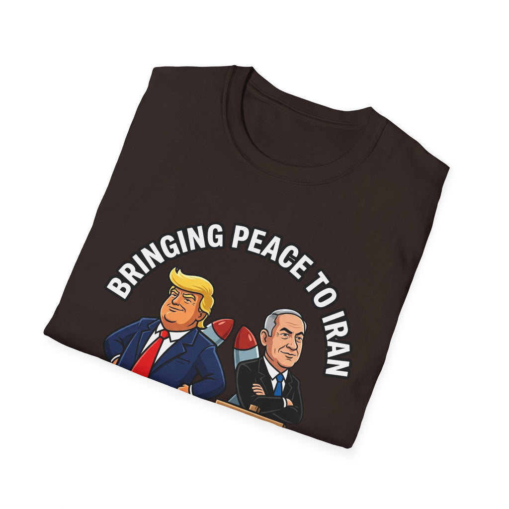 Trump T-Shirt Benjamin Netanyahu Iran War Satiric Mens Unisex Softstyle T-Shirt