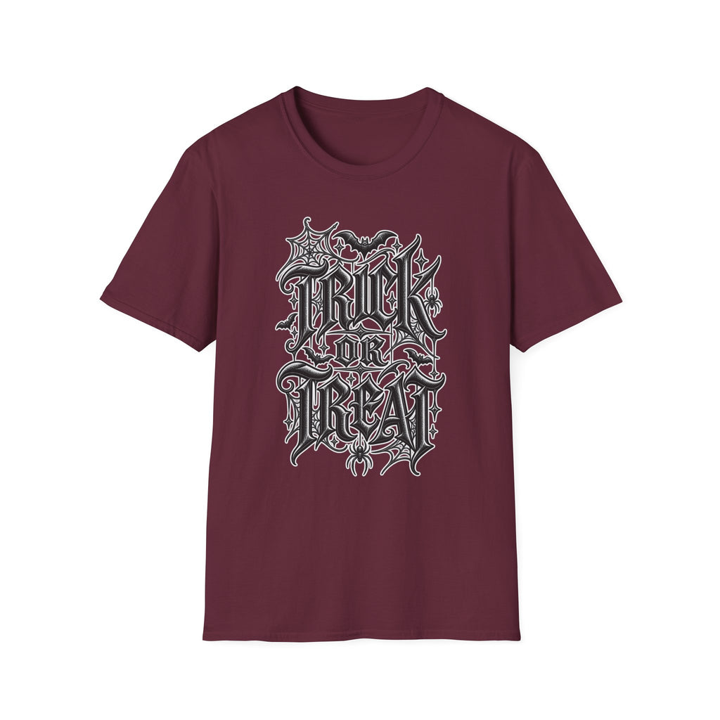 Funny Trick or Treat Gothic Blackletter Shirt | Edgy Spider Web Typography Tee | Minimalist Halloween T-Shirt