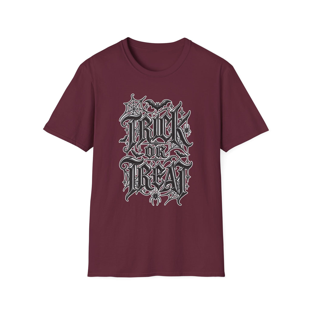 Funny Trick or Treat Gothic Blackletter Shirt | Edgy Spider Web Typography Tee | Minimalist Halloween T-Shirt