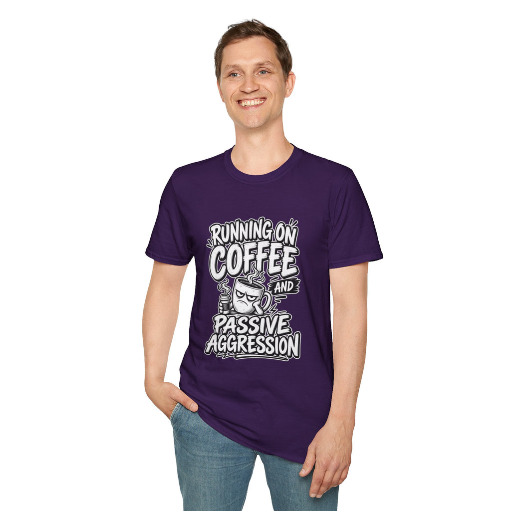 Funny Dark Humor Tshirt — Funny Office Tshirt Dark Humor Graphic Tee Unique Coworker Gift  RUNNING ON COFFEE AND PASSIVE AGGRESSION Shirt