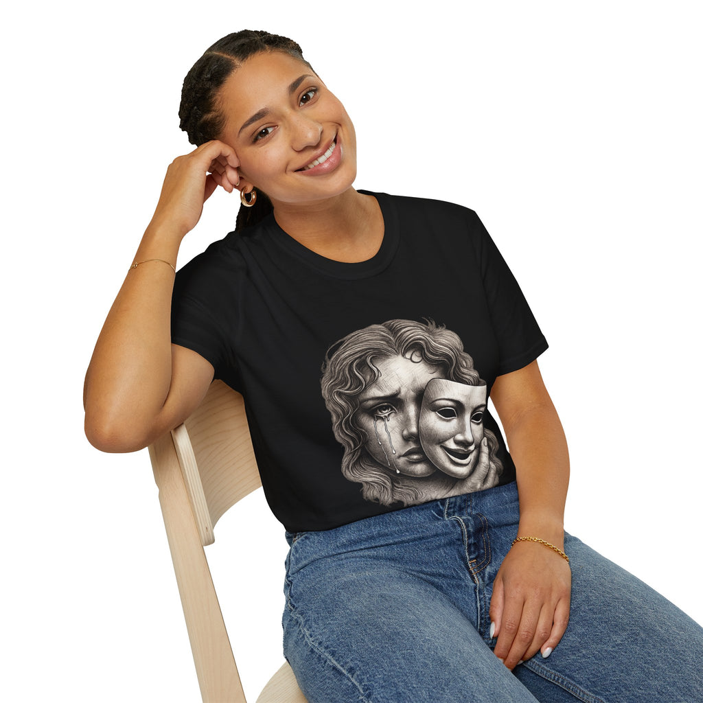 Crying Woman Mask Art T-Shirt | Hidden Emotions Sketch Graphic Tee Unisex Unisex Softstyle T-Shirt