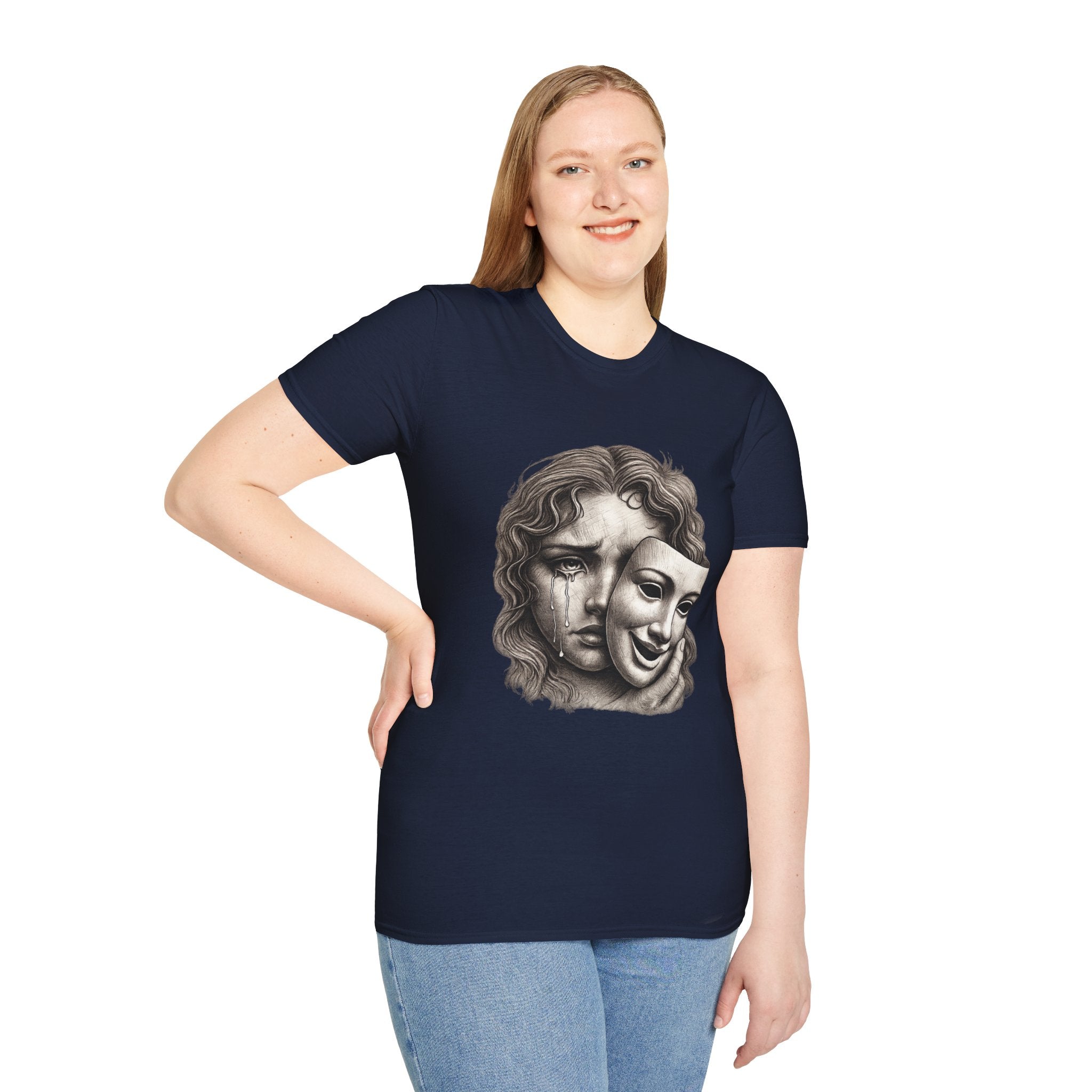 Crying Woman Mask Art T-Shirt | Hidden Emotions Sketch Graphic Tee Unisex Unisex Softstyle T-Shirt