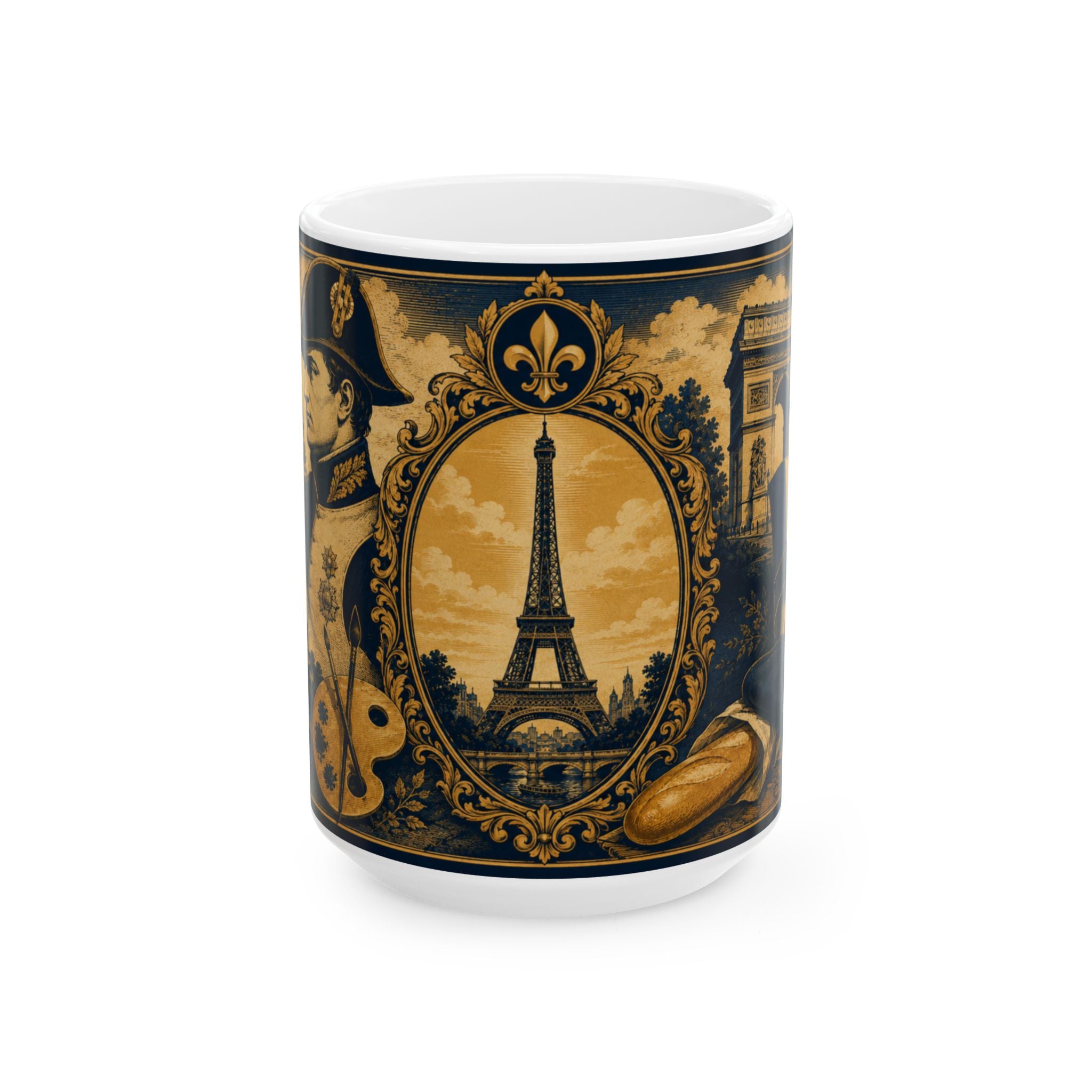 Ceramic Travel Mug Vintage France Emblem Mug Eiffel Tower Fleur de Lis Coffee Cup Gift