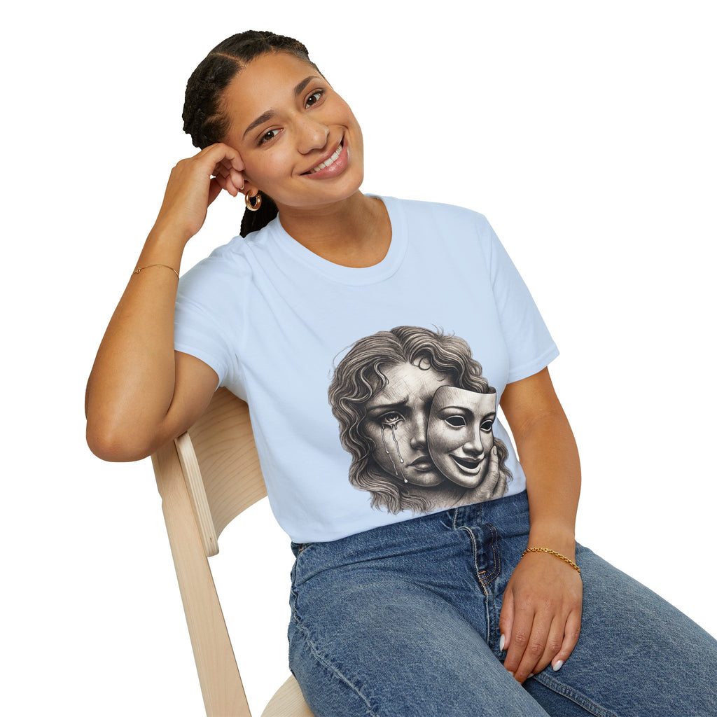 Crying Woman Mask Art T-Shirt | Hidden Emotions Sketch Graphic Tee Unisex Unisex Softstyle T-Shirt