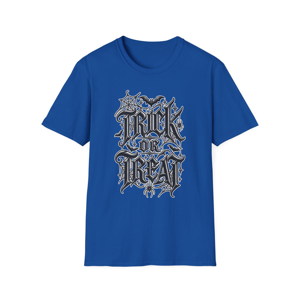 Funny Trick or Treat Gothic Blackletter Shirt | Edgy Spider Web Typography Tee | Minimalist Halloween T-Shirt