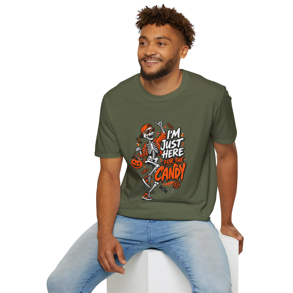 I'm Just Here for the Candy Shirt | Funny Dancing Skeleton Halloween Tee | Dark Humor Graphic T-Shirt