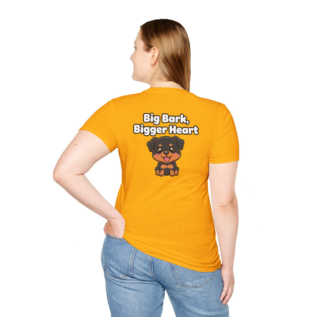 Cute Rottweiler Shirt Big Bark, Bigger Heart Funny Dog Lover Unisex Softstyle Tee Gift
