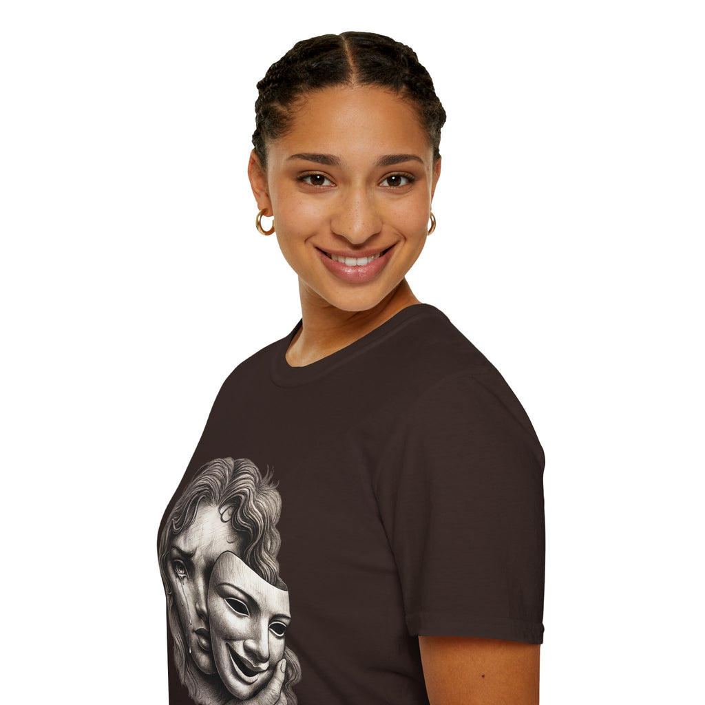 Crying Woman Mask Art T-Shirt | Hidden Emotions Sketch Graphic Tee Unisex Unisex Softstyle T-Shirt