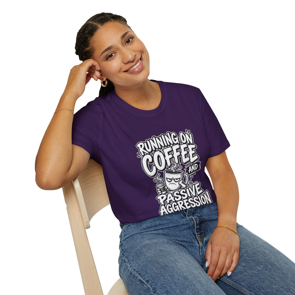 Funny Dark Humor Tshirt — Funny Office Tshirt Dark Humor Graphic Tee Unique Coworker Gift  RUNNING ON COFFEE AND PASSIVE AGGRESSION Shirt