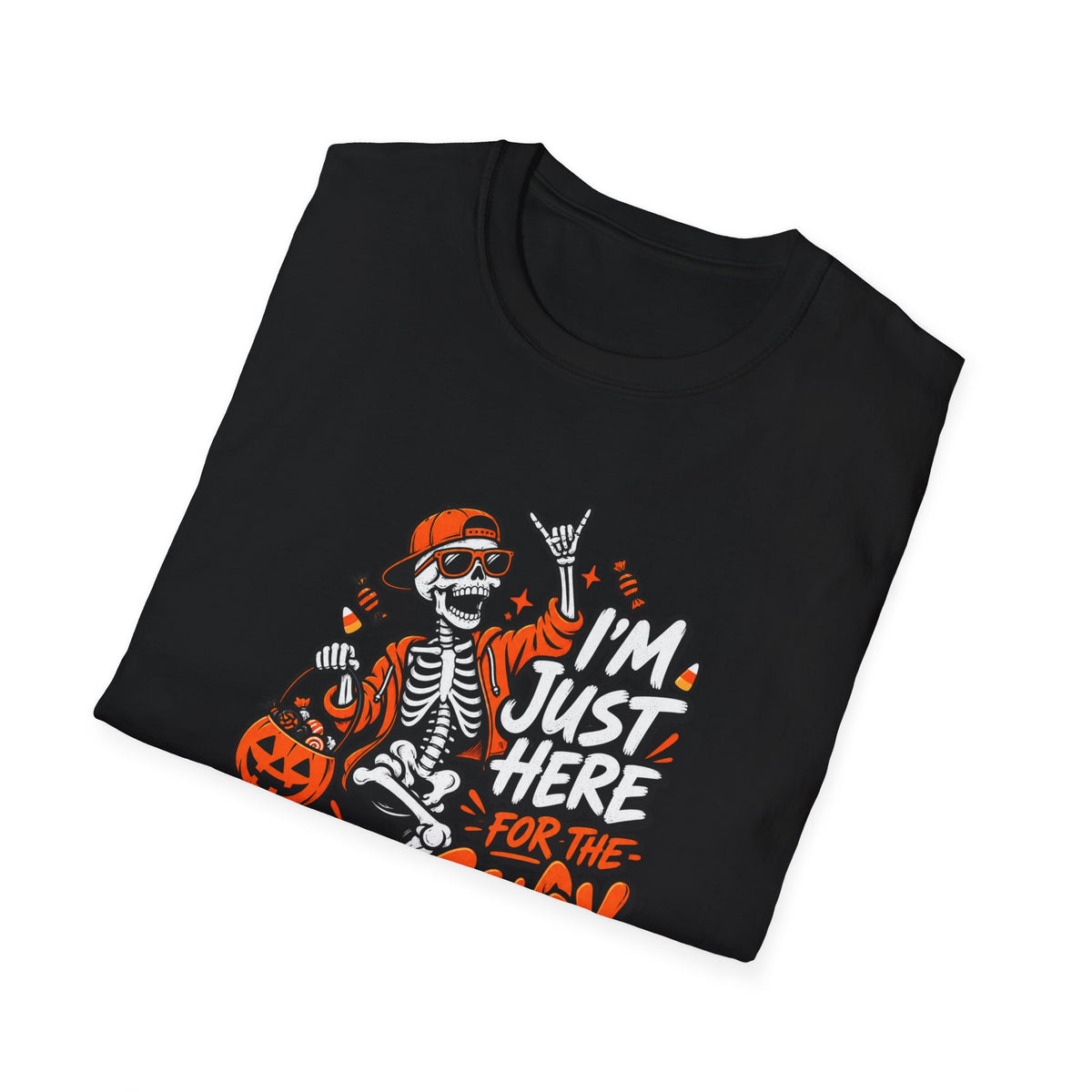 I'm Just Here for the Candy Shirt | Funny Dancing Skeleton Halloween Tee | Dark Humor Graphic T-Shirt