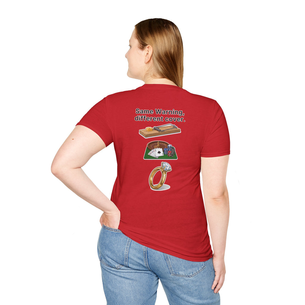 Funny Marriage T-Shirt Same Warning Different Cover Mousetrap Casino Ring Wedding Humor Shirt Groom Bachelor Party Tee