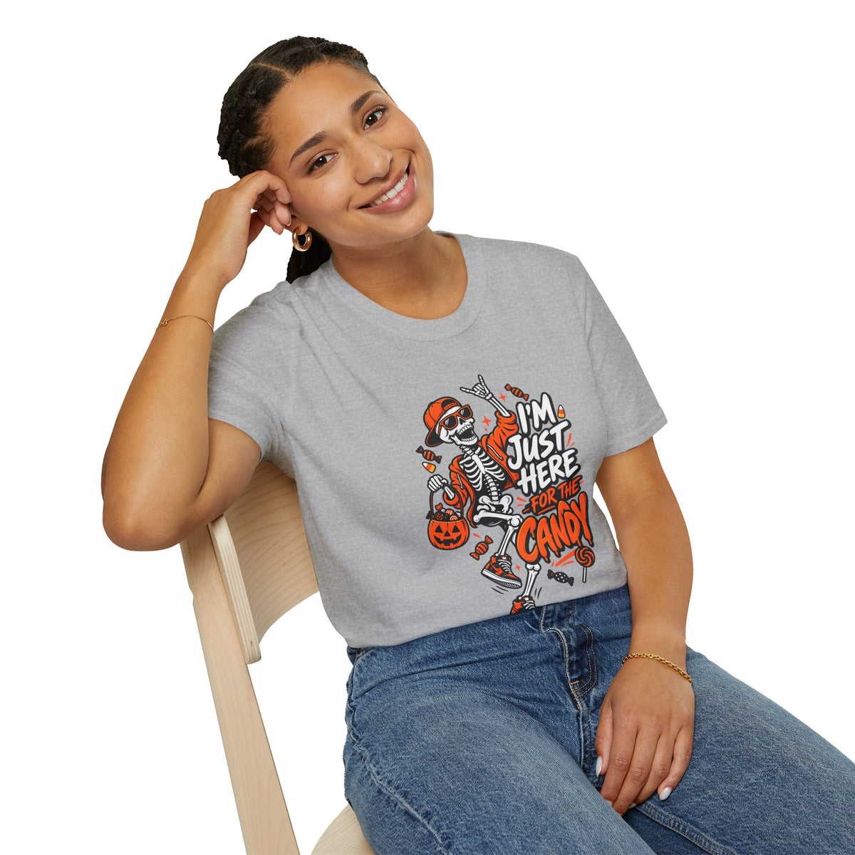 I'm Just Here for the Candy Shirt | Funny Dancing Skeleton Halloween Tee | Dark Humor Graphic T-Shirt