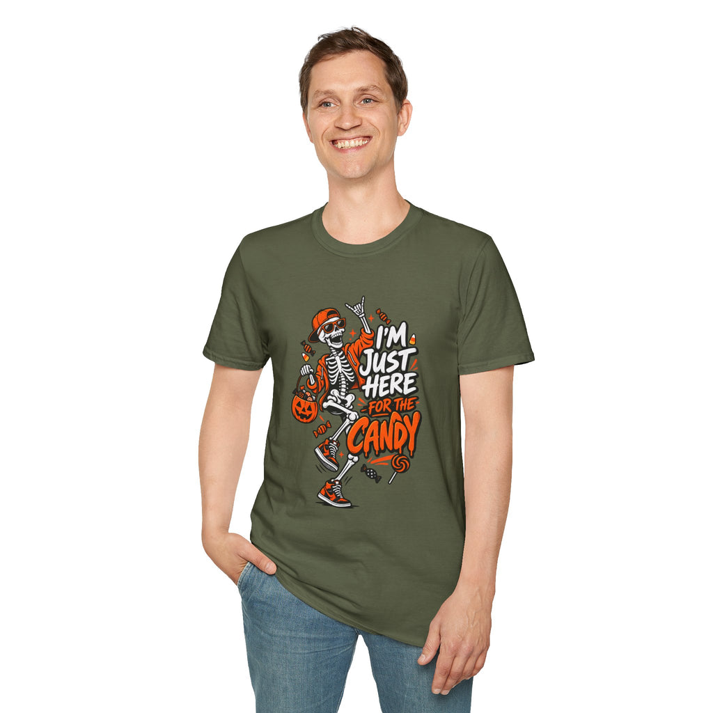 I'm Just Here for the Candy Shirt | Funny Dancing Skeleton Halloween Tee | Dark Humor Graphic T-Shirt