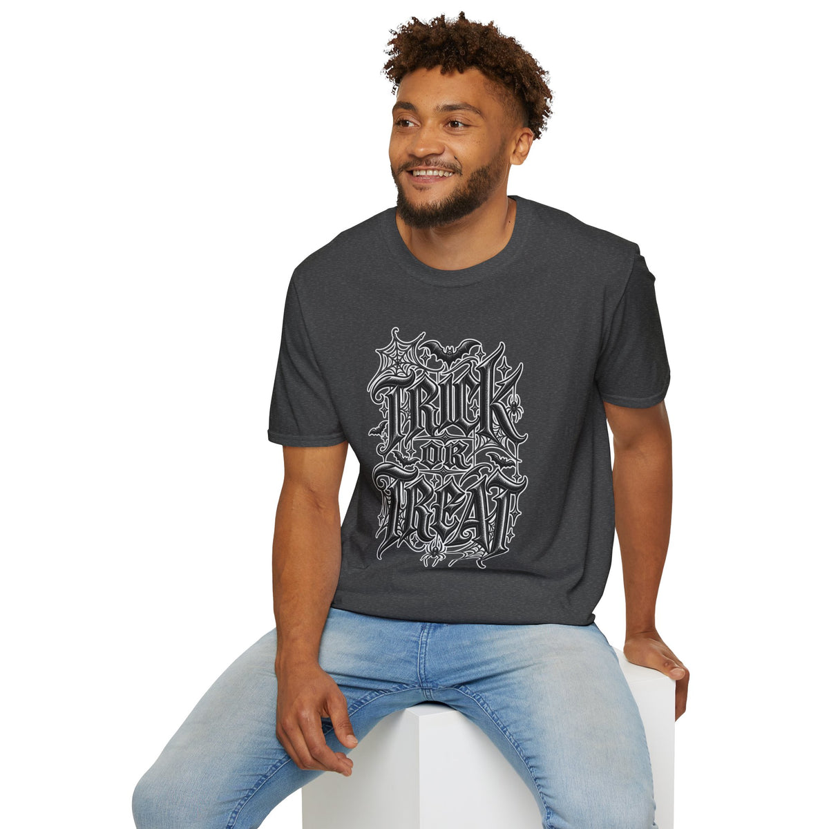 Funny Trick or Treat Gothic Blackletter Shirt | Edgy Spider Web Typography Tee | Minimalist Halloween T-Shirt